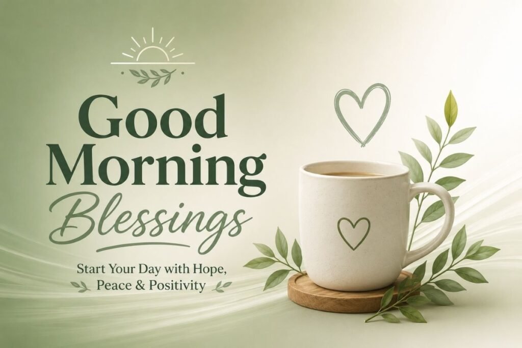 Good Morning Blessings with a peaceful morning scene, warm coffee, and greenery