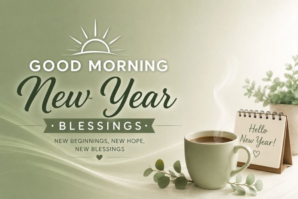 Good Morning New Year Blessings with a peaceful New Year morning scene
