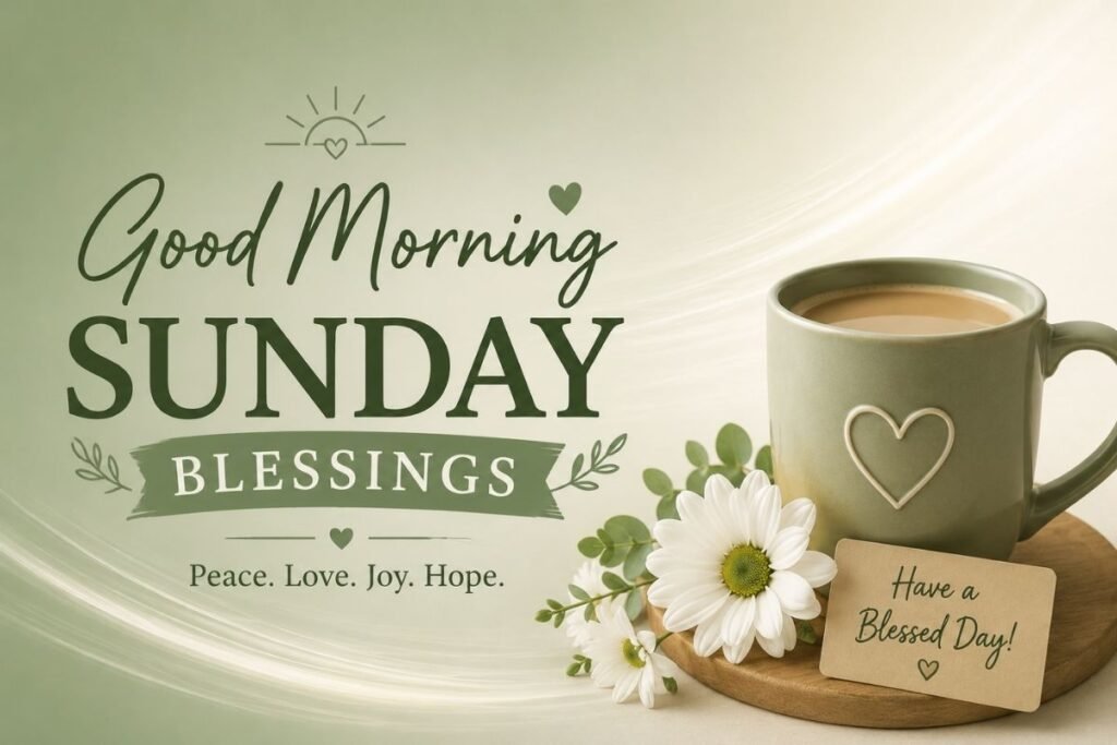 Good Morning Sunday Blessings with a peaceful Sunday morning scene, flowers, and a warm cup of coffee