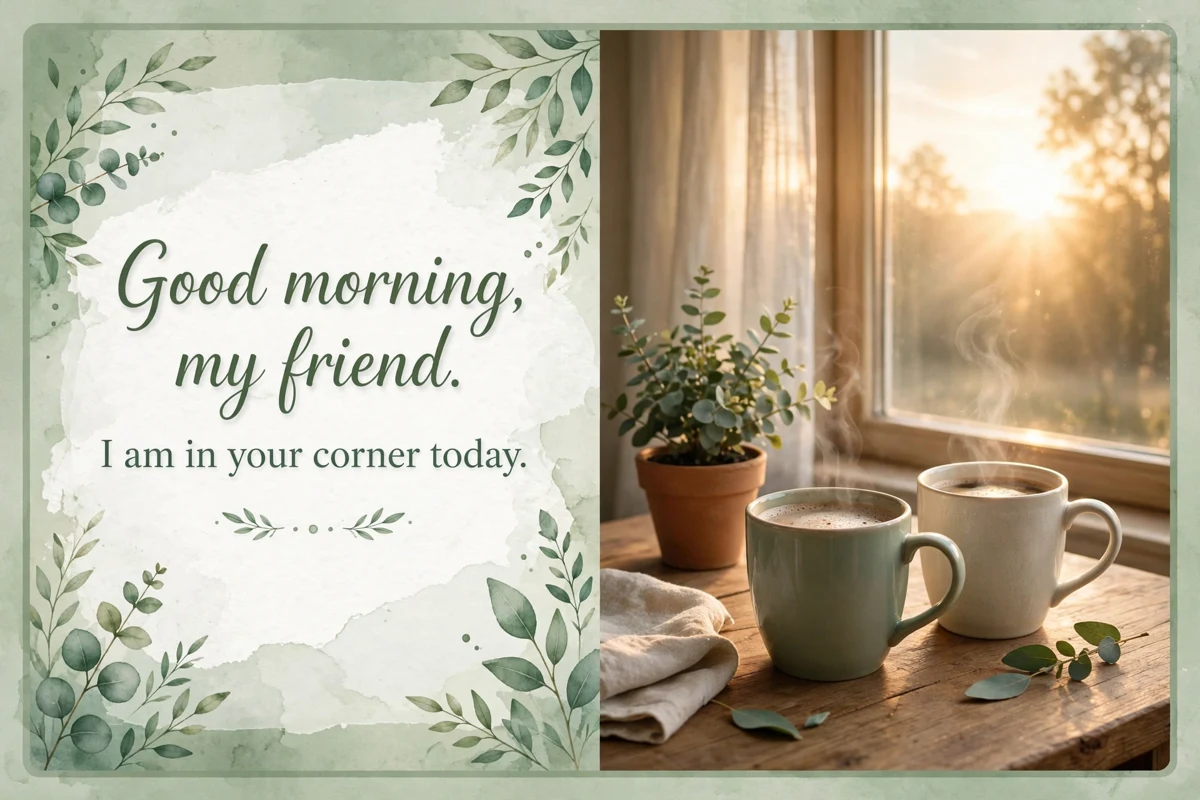 Encouraging Good Morning Blessings for a friend image with coffee for two at sunrise