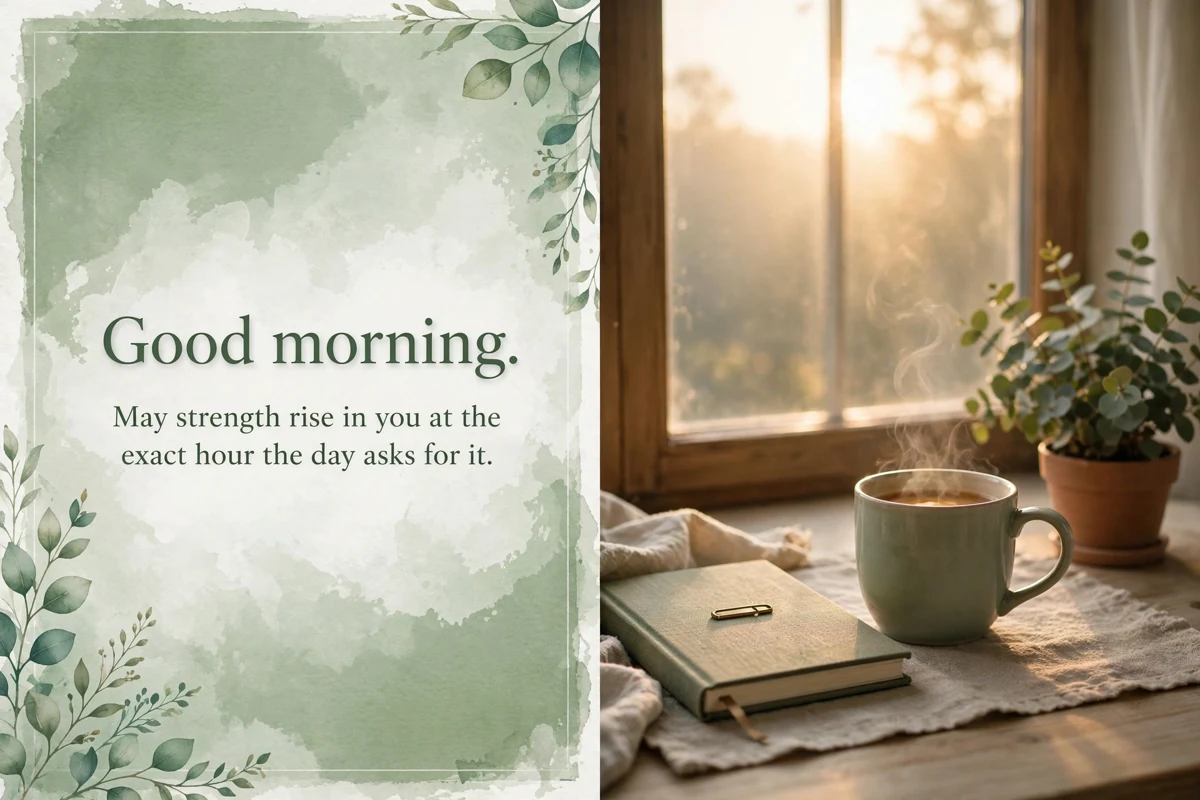 Encouraging Good Morning Blessings for a hard day image with a sunrise and a warm drink