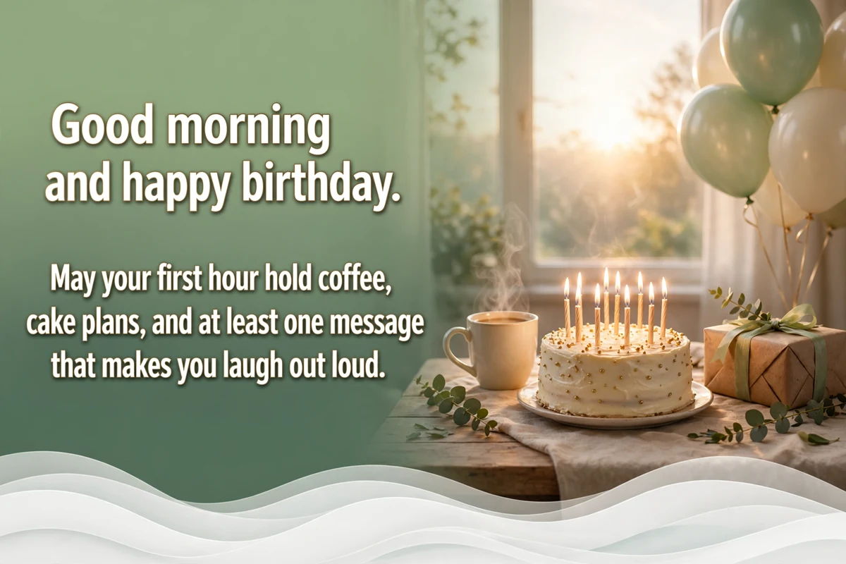 Good Morning Blessings for a Special Day That Is a Birthday Morning image with a birthday cake with lit candles on a breakfast table by a bright window, balloons and a wrapped gift beside it in morning light