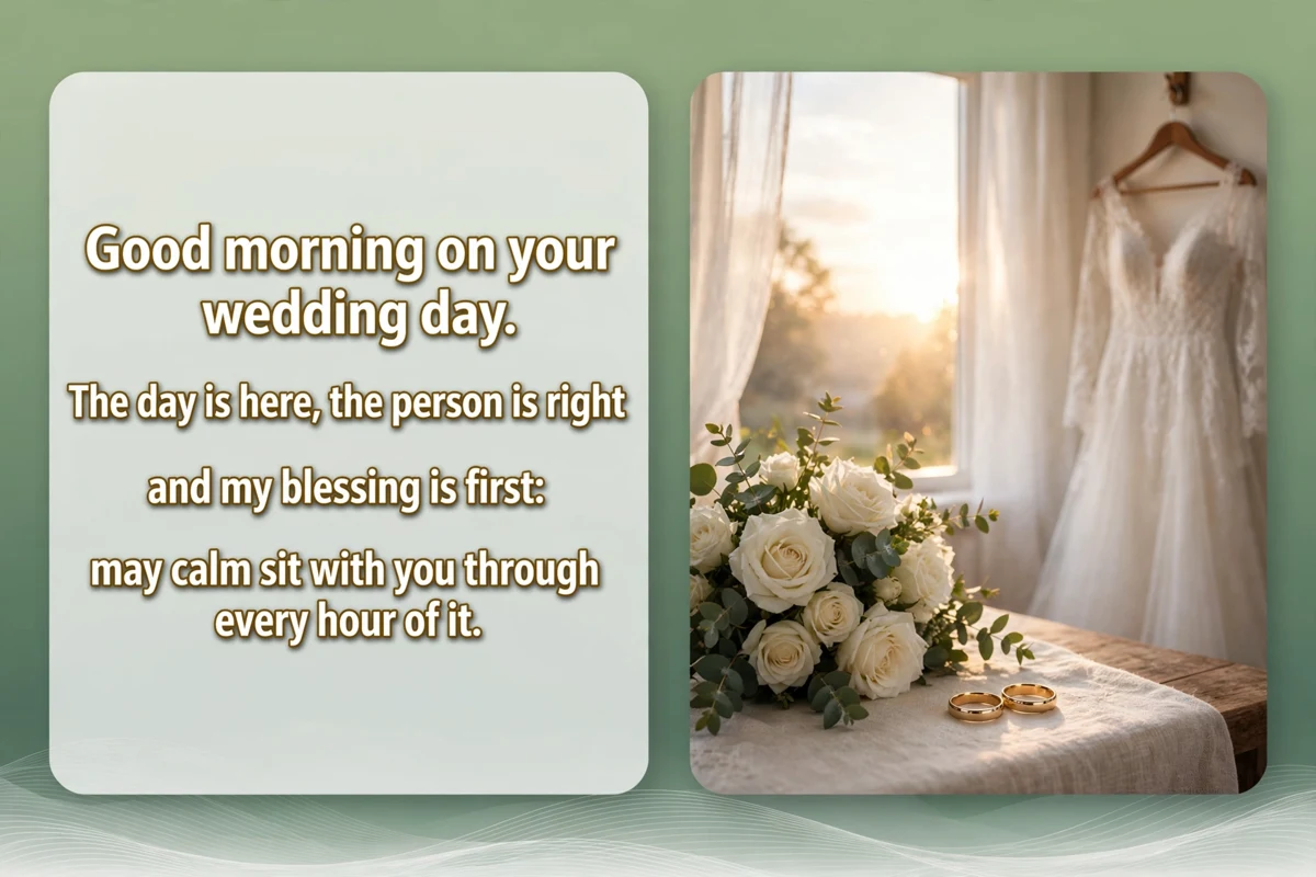 Good Morning Blessings for a Special Day That Is a Wedding Day image with a bride's bouquet and wedding rings on a table by a bright window, a white dress hanging nearby in morning light