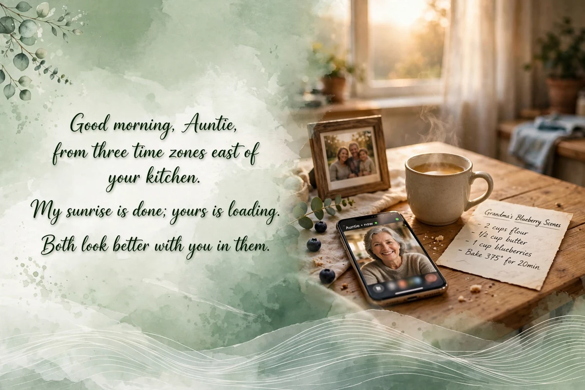 Good Morning Blessings for an Aunt Who Lives Far Away image with a phone showing a morning video call, tea and a family photo at sunrise