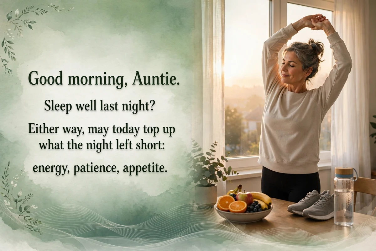 Good Morning Blessings for Aunt's Health and Strength image with a woman stretching by a window, walking shoes, fruit and water at sunrise