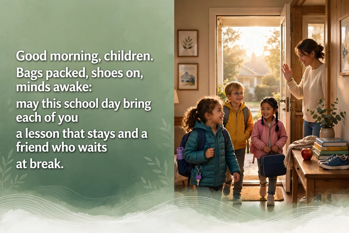 Good Morning Blessings for Children at School image with three children with backpacks leaving home for school in morning light, books and an apple on the table
