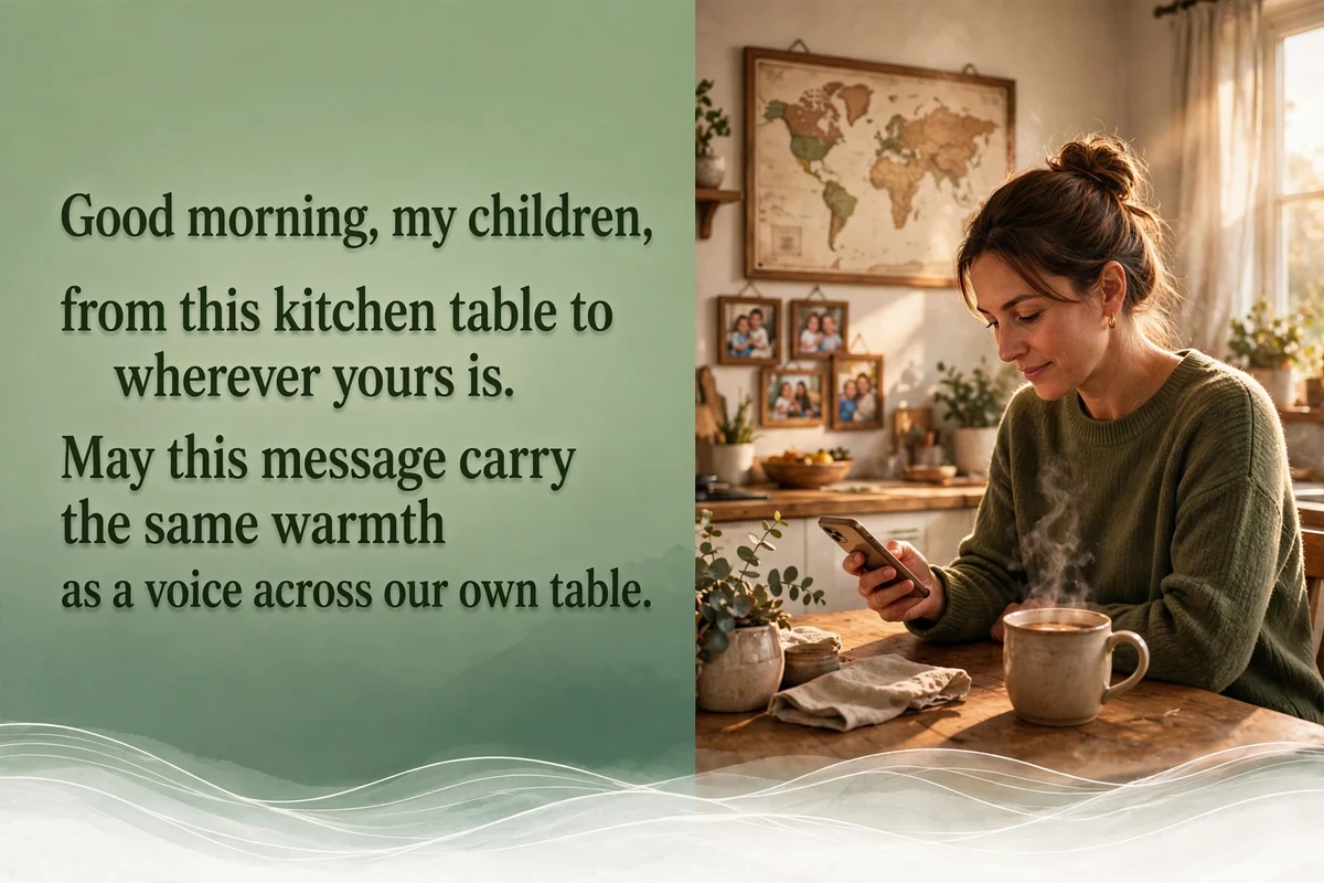 Good Morning Blessings for Children Far Away image with a parent at a kitchen table sending a morning message on a phone, a map and family photos beside a warm mug