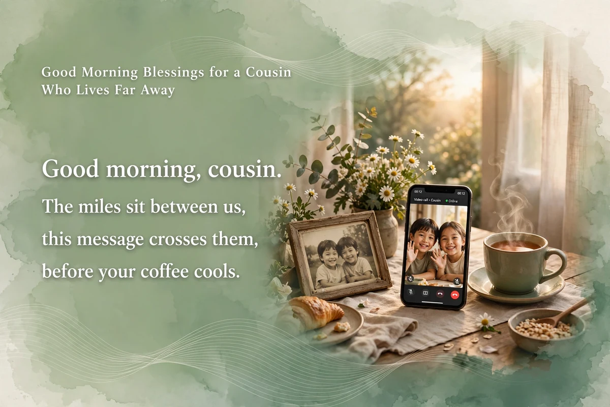 Good Morning Blessings for a Cousin Who Lives Far Away image with a phone showing a morning video call, tea and an old family photo at sunrise