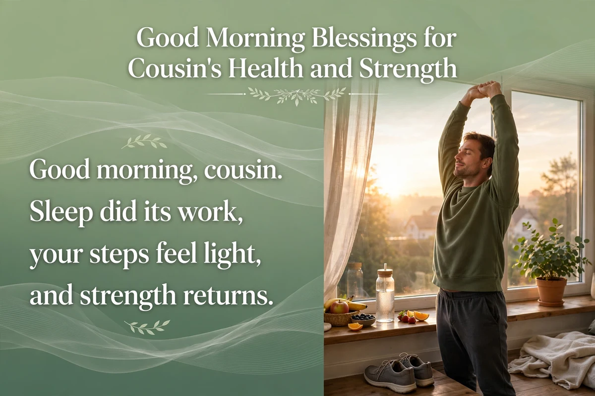 Good Morning Blessings for Cousin's Health and Strength image with a cousin stretching by a window, walking shoes, fruit and water at sunrise