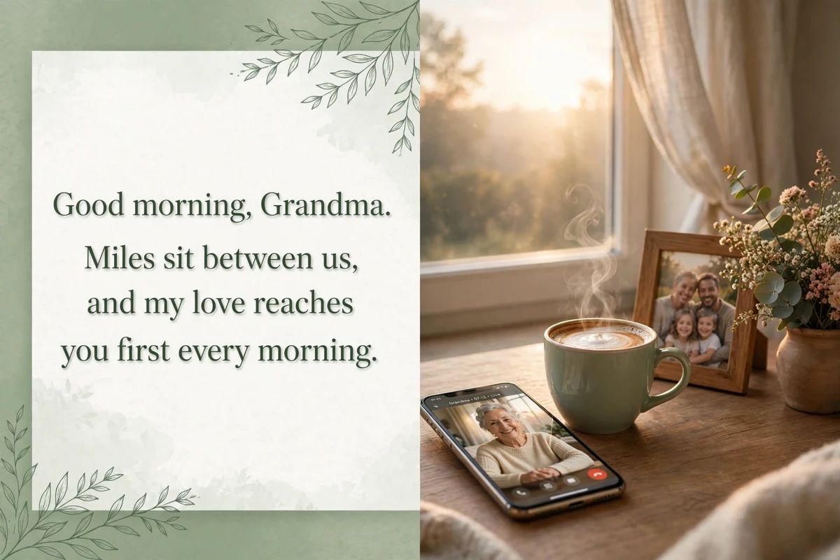 Good Morning Blessings for a Grandma Who Lives Far Away image with a phone showing a morning video call, coffee and a family photo at sunrise