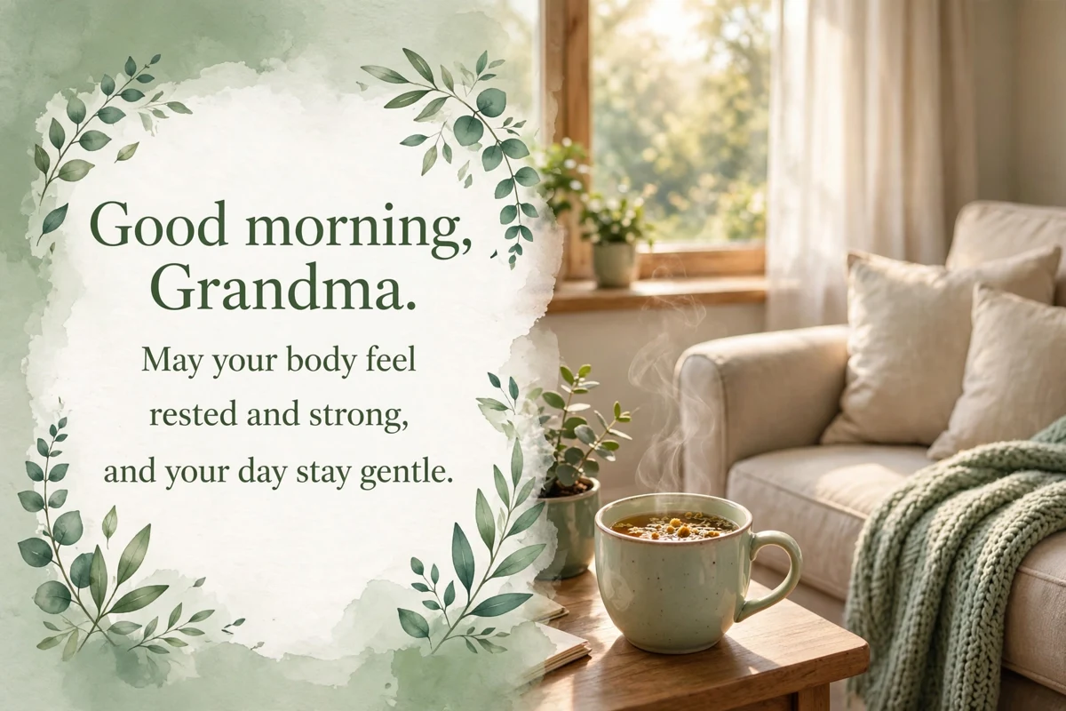 Good Morning Blessings for Grandma's Health and Comfort image with a cozy armchair, a warm blanket and herbal tea at sunrise