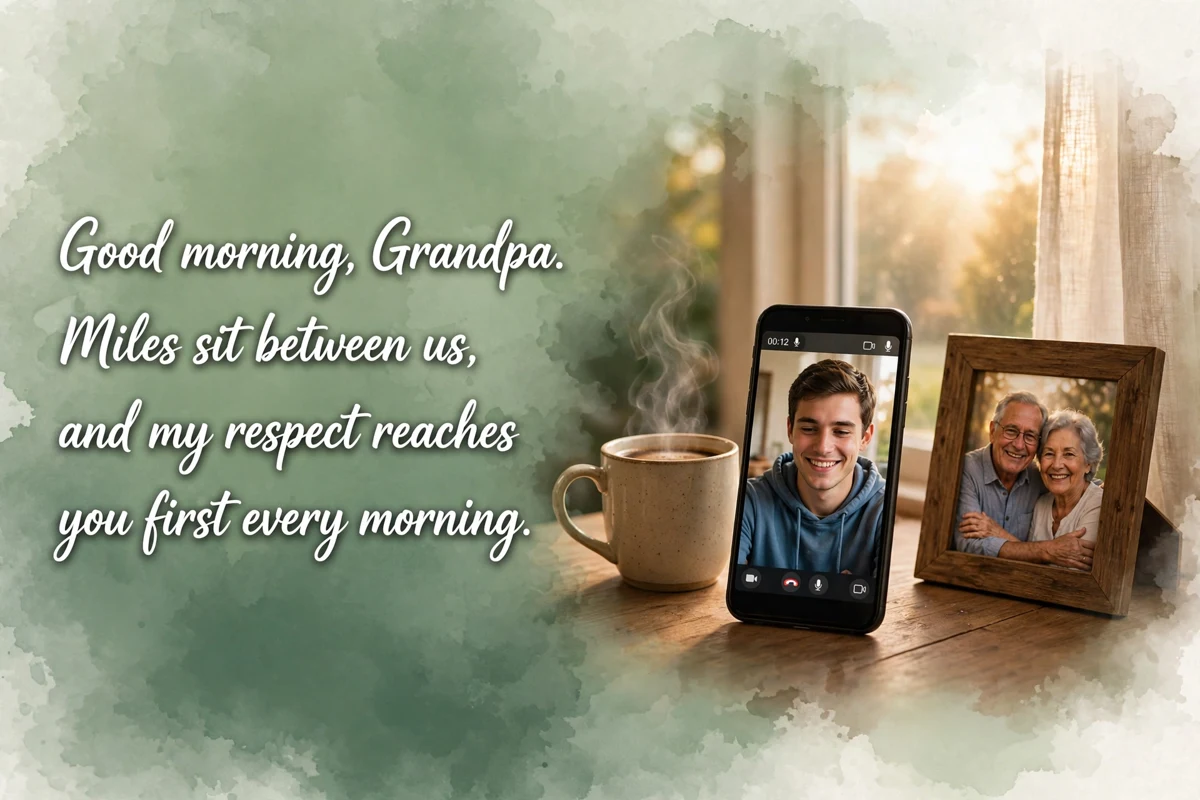 Good Morning Blessings for a Grandpa Who Lives Far Away image with a phone showing a morning video call, coffee and a family photo at sunrise