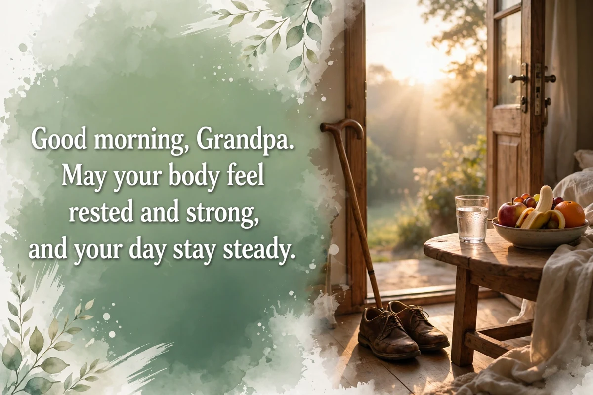 Good Morning Blessings for Grandpa's Health and Strength image with walking shoes, a walking stick, fruit and water at sunrise