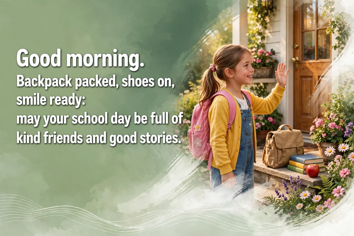 Good Morning Blessings for Kids on a School Morning image with a girl with a backpack waving at the door, school books and an apple in morning light