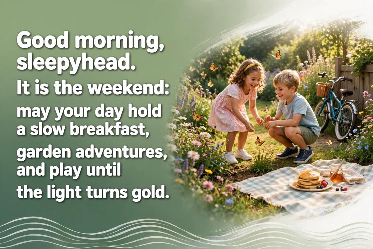 Good Morning Blessings for Kids on the Weekend image with two children playing among butterflies in a sunny garden, a bicycle and pancakes on a blanket