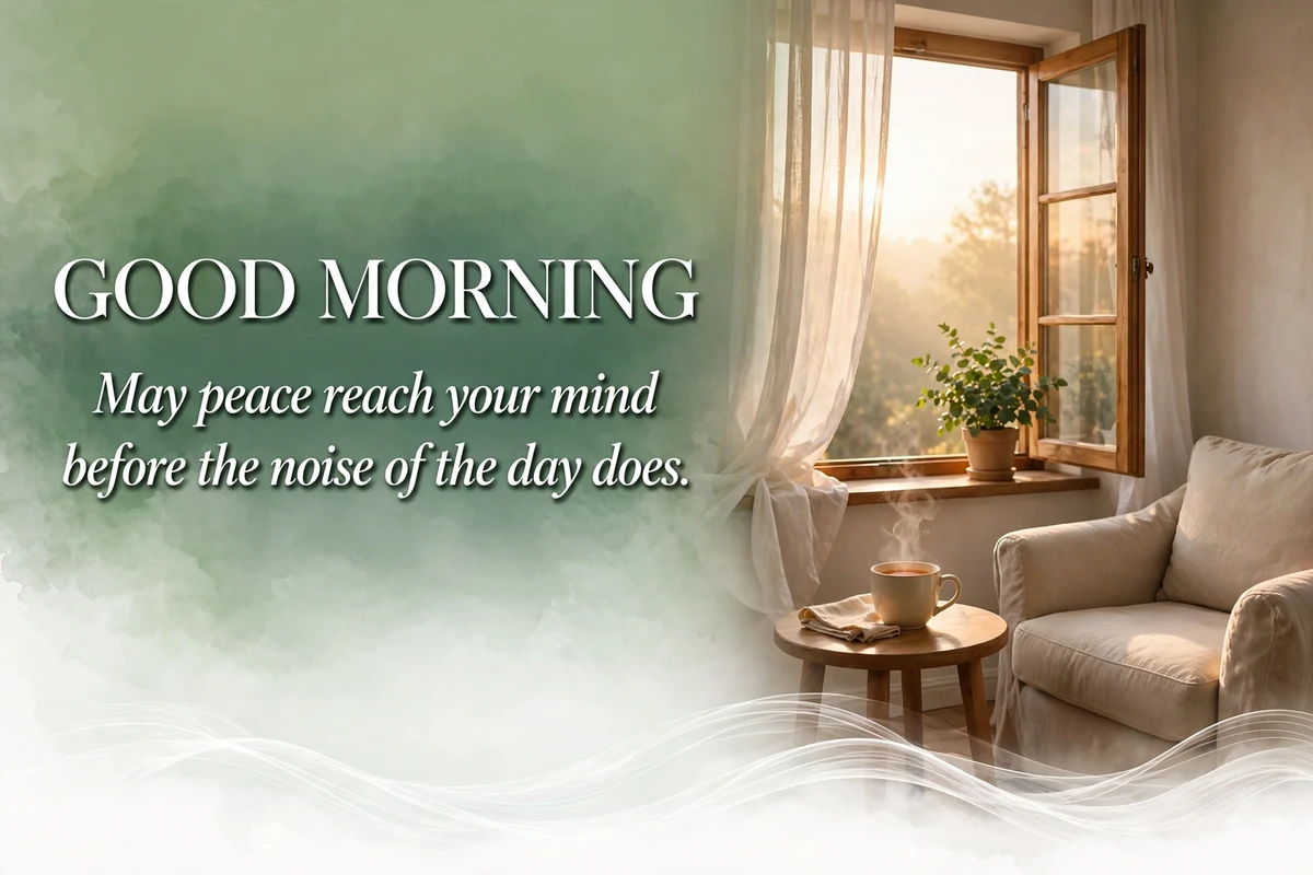 Good Morning Blessings for Peace image with a calm room and tea at sunrise