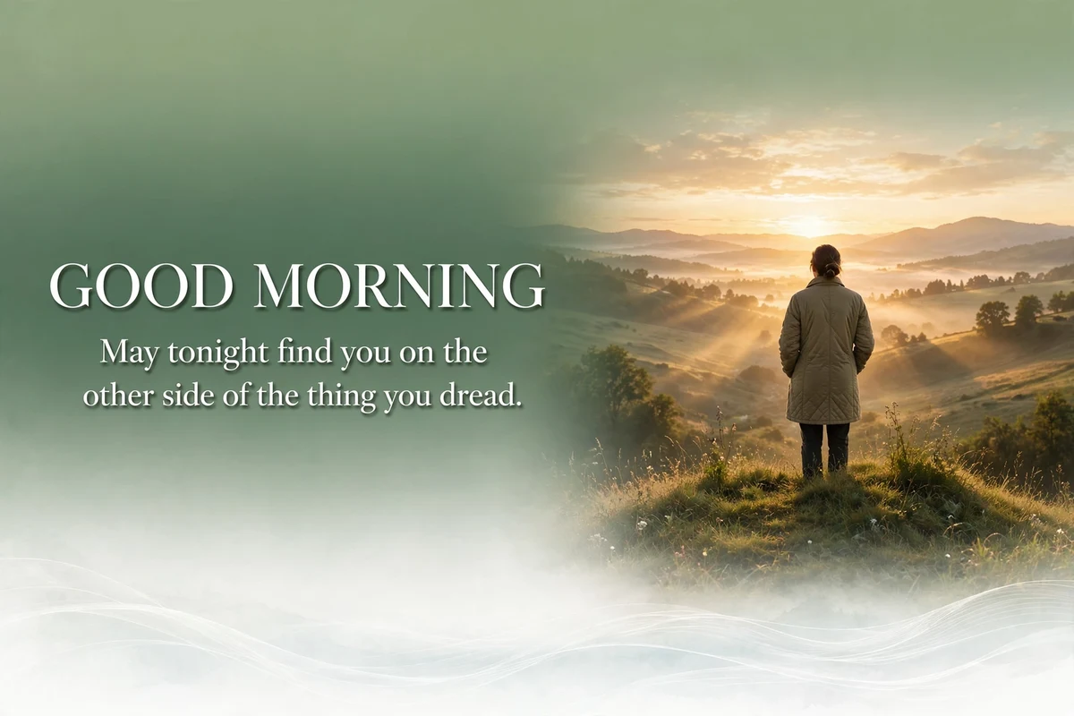 Good Morning Blessings for a Difficult Day image with a person watching the sunrise from a hill