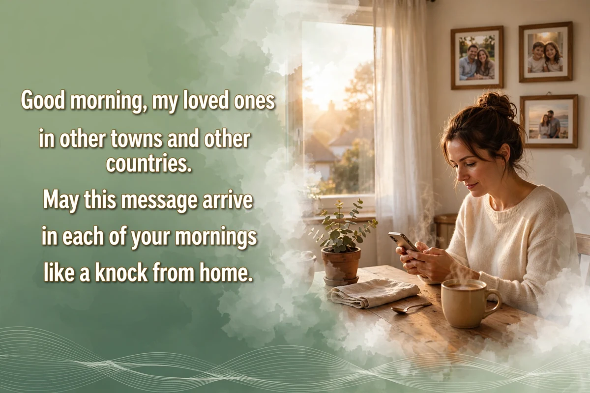 Good Morning Blessings for Loved Ones Far Away image with a woman at a kitchen table sending a morning message on a phone, framed family photos on the wall and a warm mug beside her