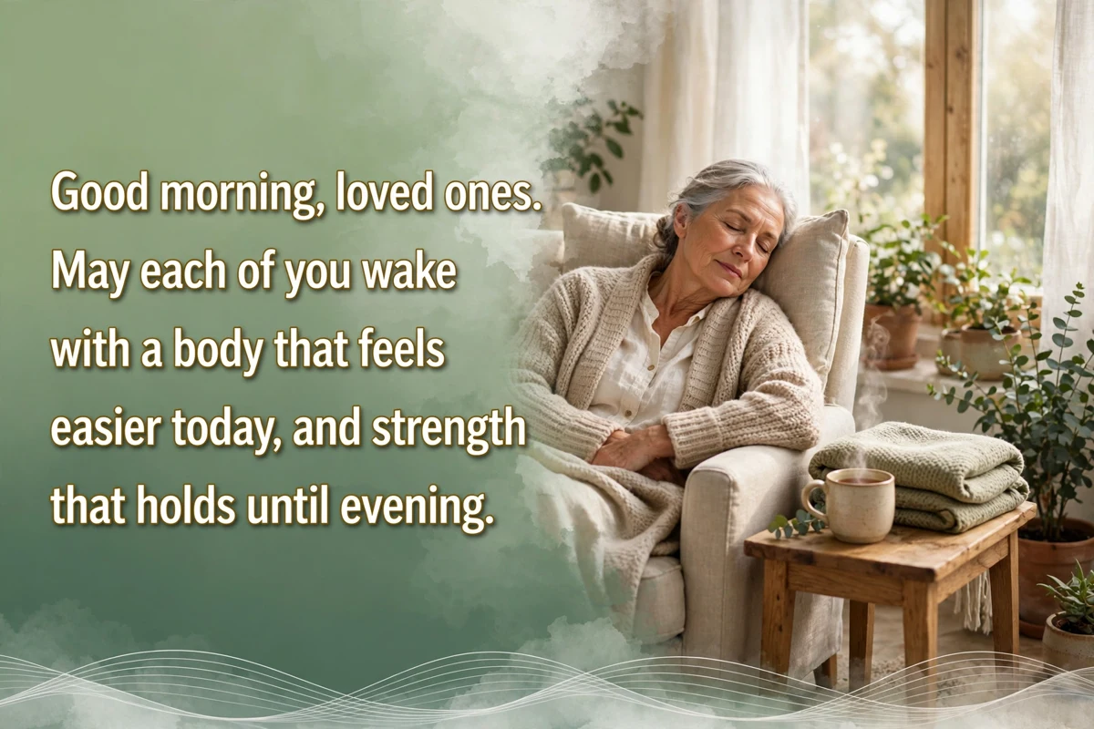 Good Morning Blessings for Loved Ones for Health image with an older woman resting in a comfortable chair by a bright window, a folded blanket and a warm cup of tea beside her in morning light