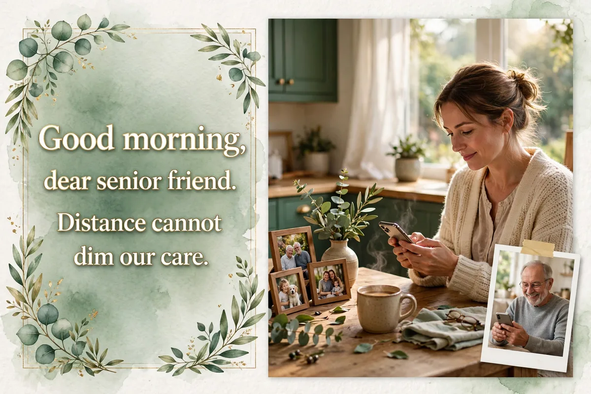 Good Morning Blessings for Seniors Far Away image with a younger adult at a kitchen table sending a morning message on a phone, family photos and a warm mug beside her, and a senior man smiling at his phone