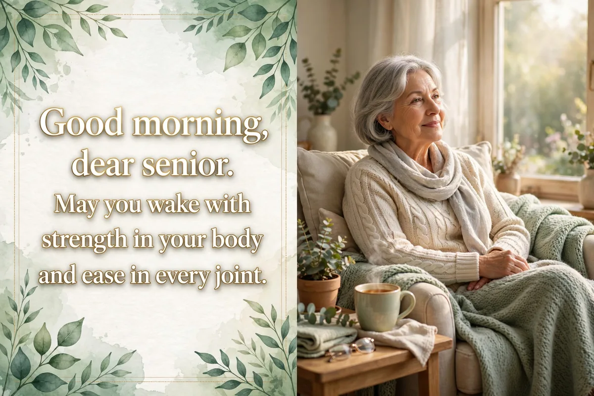 Good Morning Blessings for Seniors Health and Comfort image with a senior woman in a comfortable chair by a bright window holding a warm cup of tea in morning light