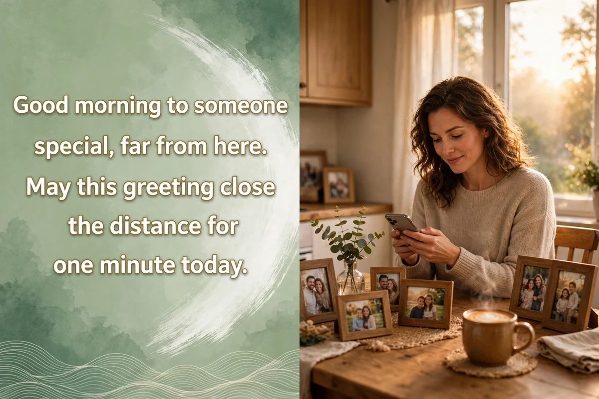 Good Morning Blessings for Someone Special Far Away image with a person at a kitchen table sending a morning message on a phone, a map, family photos and a warm mug beside them