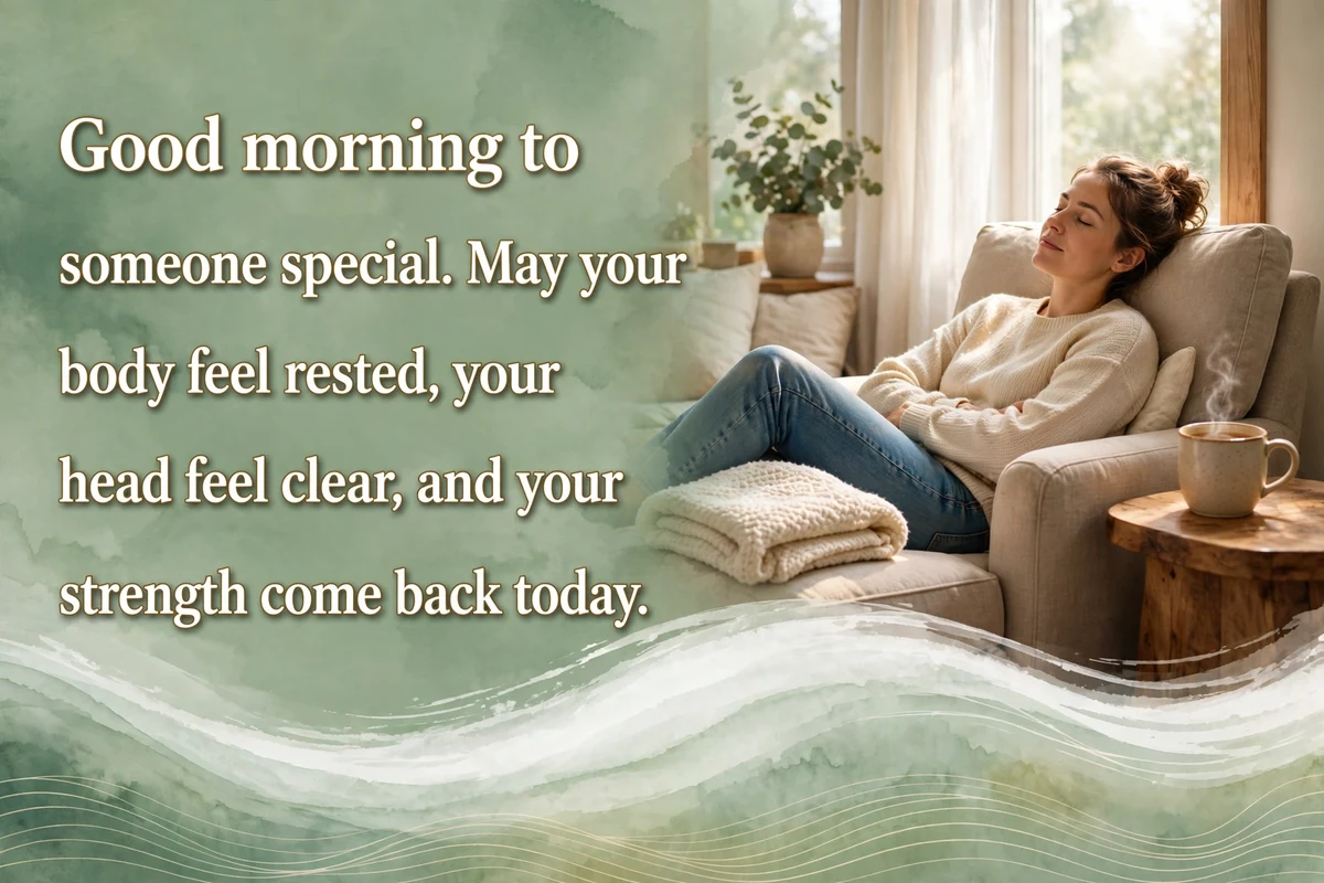 Good Morning Blessings for Someone Special for Health image with a person resting in a comfortable chair by a bright window, a warm cup of tea and a folded blanket beside them in morning light