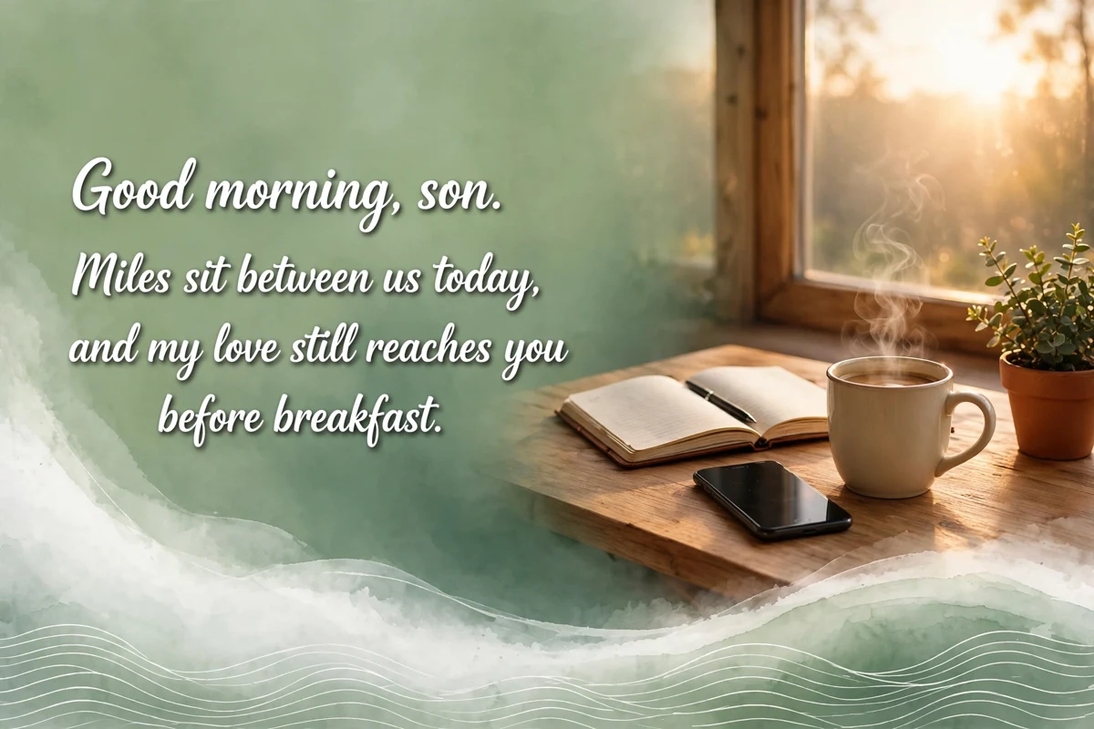 Good Morning Blessings for a Son Who Lives Far Away image with a phone and coffee at sunrise