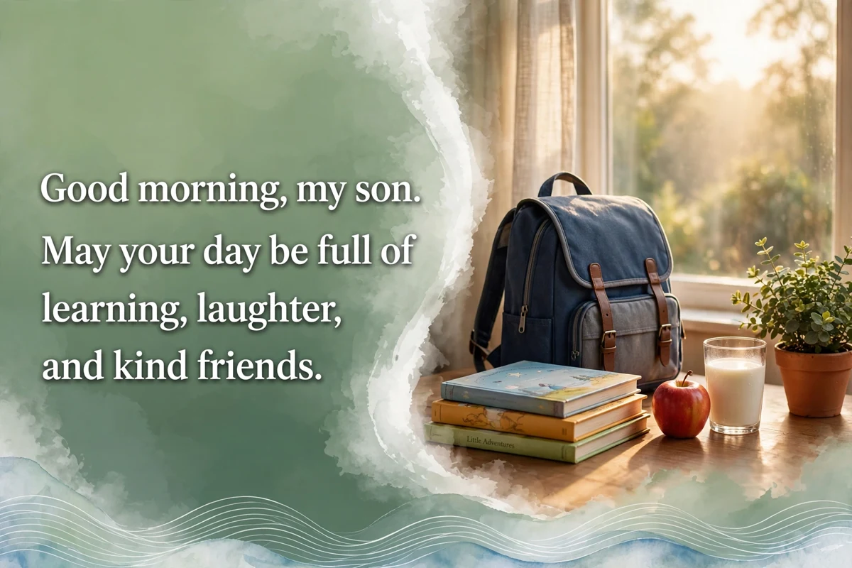 Good Morning Blessings for a Young Son image with a school backpack, books and an apple at sunrise