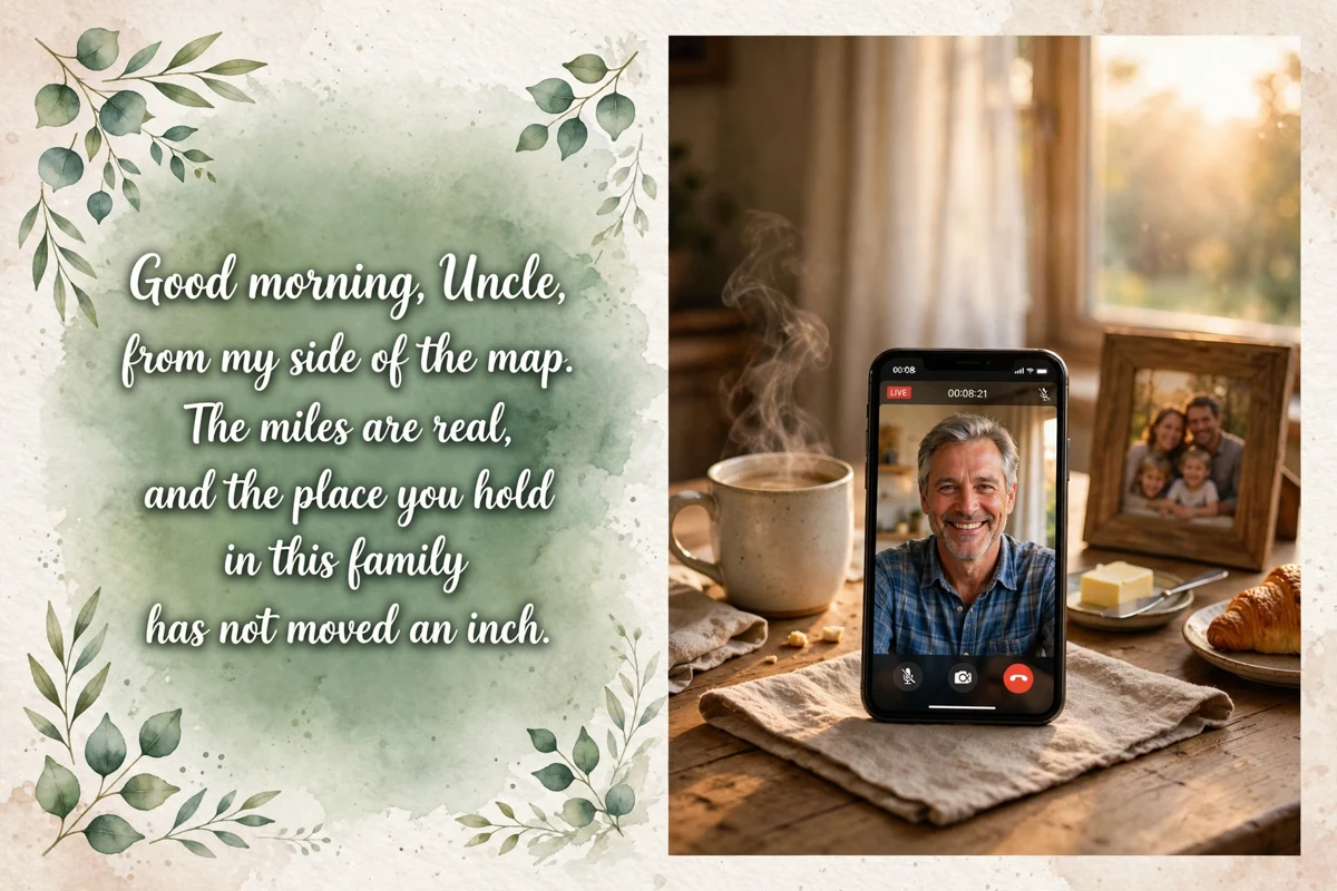 Good Morning Blessings for an Uncle Who Lives Far Away image with a phone showing a morning video call, coffee and a family photo at sunrise