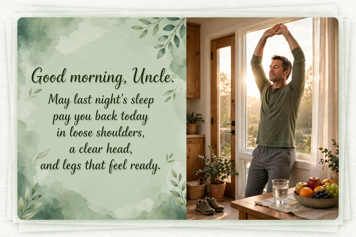 Good Morning Blessings for Uncle's Health and Strength image with a man stretching by a window, walking shoes, fruit and water at sunrise