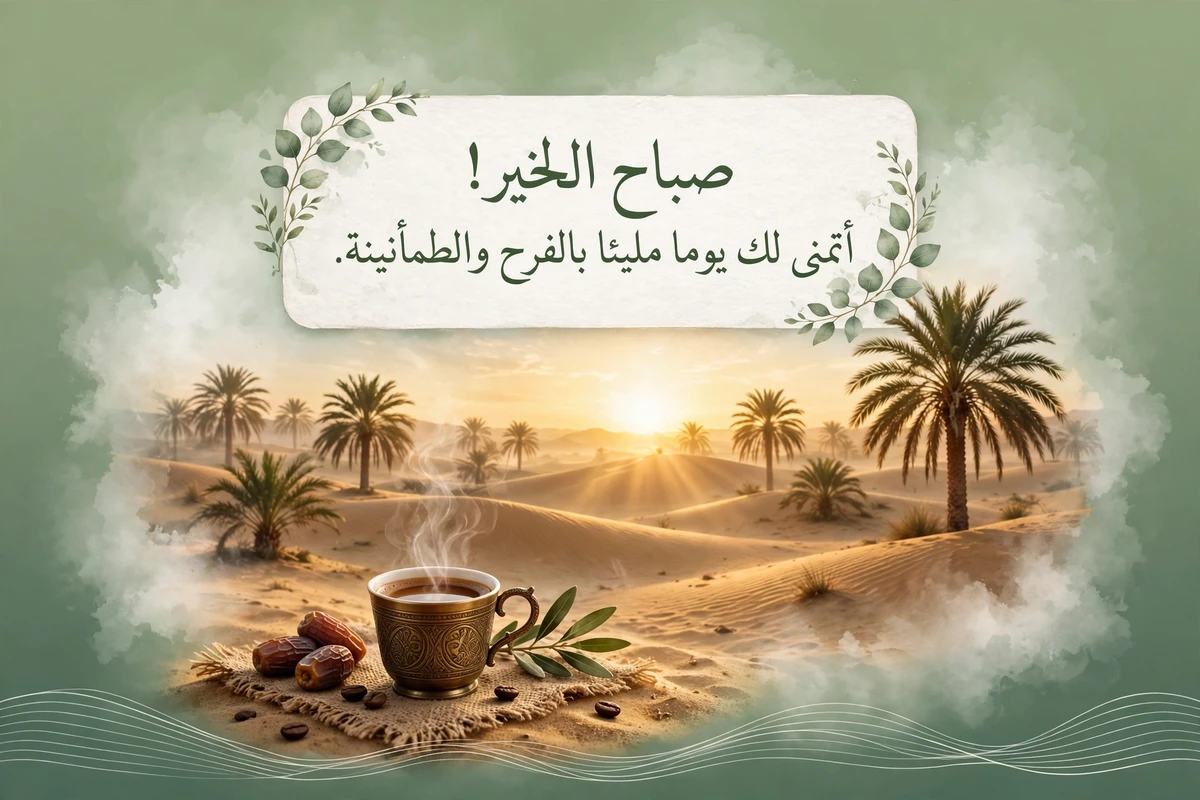 Good Morning Blessings in Arabic with sunrise over desert dunes