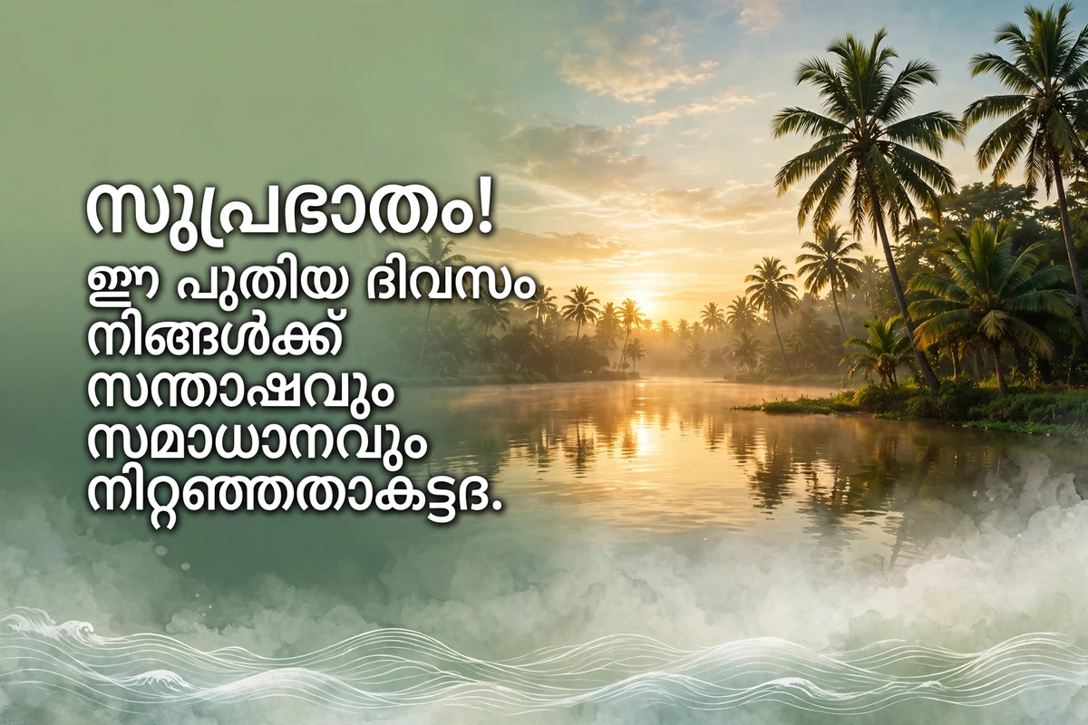 Good Morning Blessings in Malayalam with sunrise over Kerala backwaters