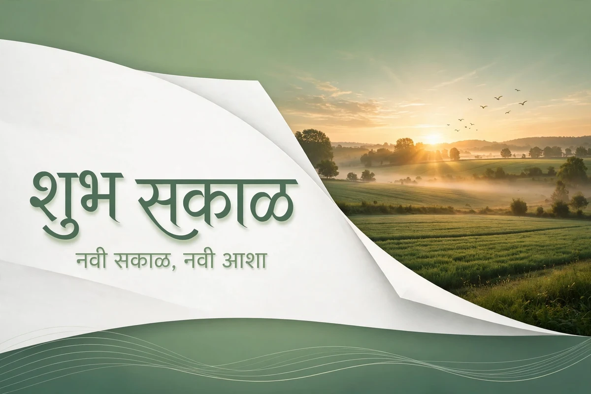 Good Morning Blessings in Marathi with sunrise over green fields
