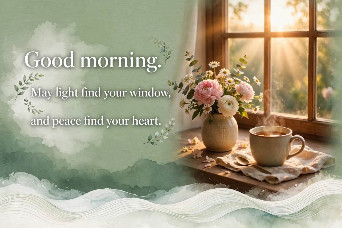 Beautiful good morning blessing idea with sunrise, flowers and a warm cup of tea: Good morning. May light find your window, and peace find your heart.