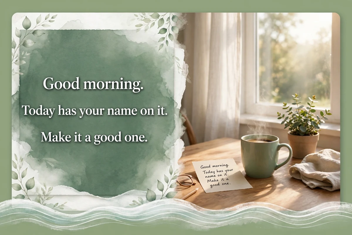 Unique good morning blessing idea on a desk by a bright window with coffee and a handwritten note: Good morning. Today has your name on it. Make it a good one.