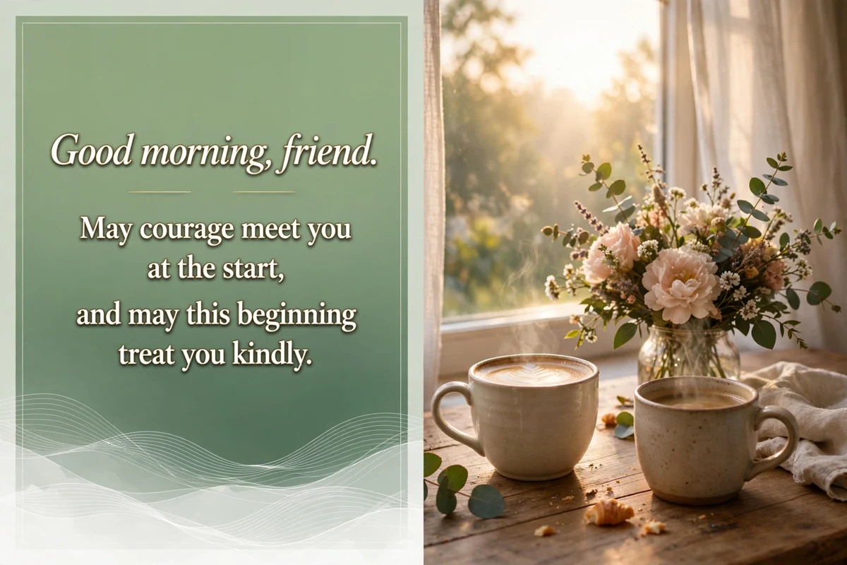 Good Morning New Beginning Blessings for a friend image with coffee for two at sunrise