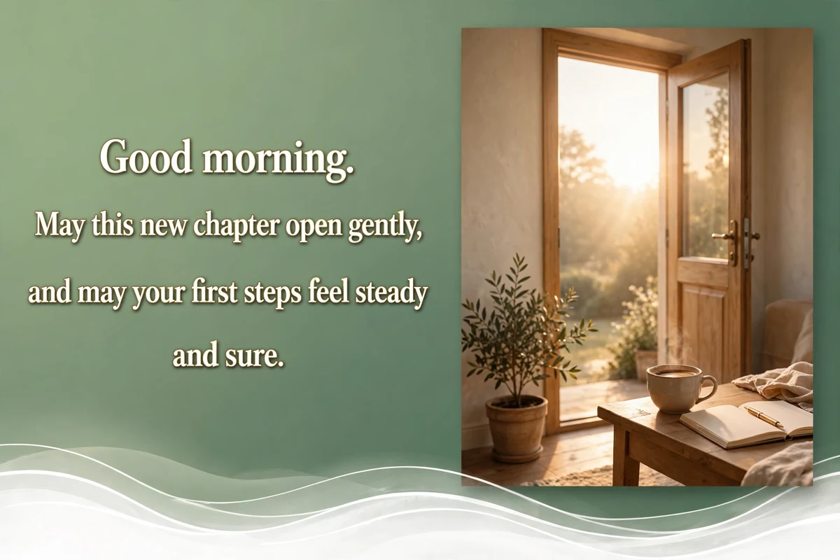 Good Morning New Beginning Blessings for a new chapter image with an open door at sunrise