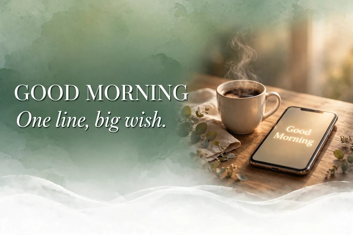 Short Good Morning Blessings for a text message image with a phone and a mug
