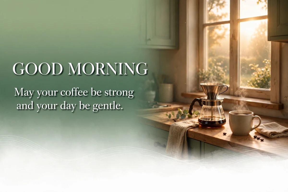 Special Morning Blessings for a Coffee Morning image with coffee and steam at sunrise