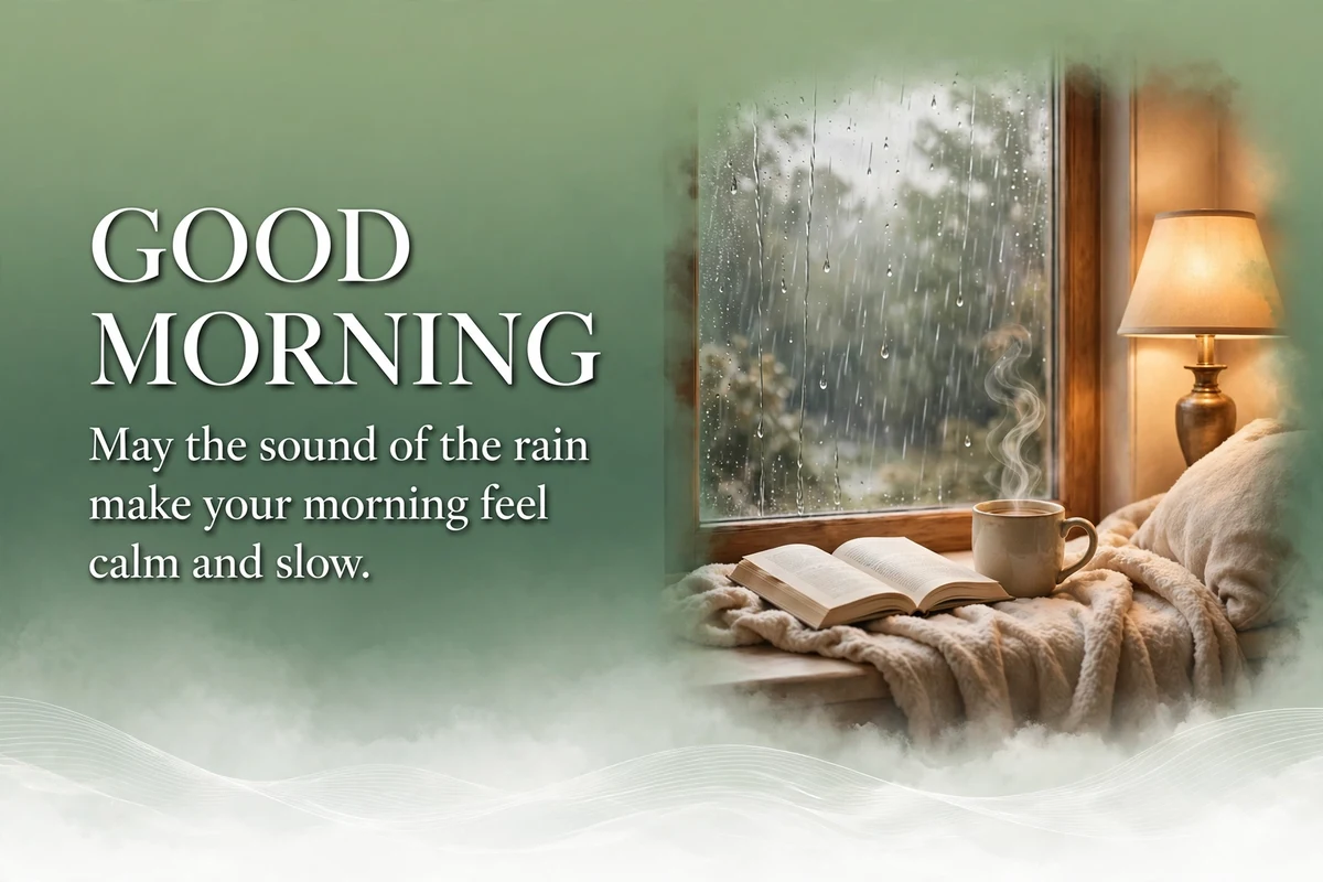 Special Morning Blessings for a Rainy Day image with rain on a window and a warm mug