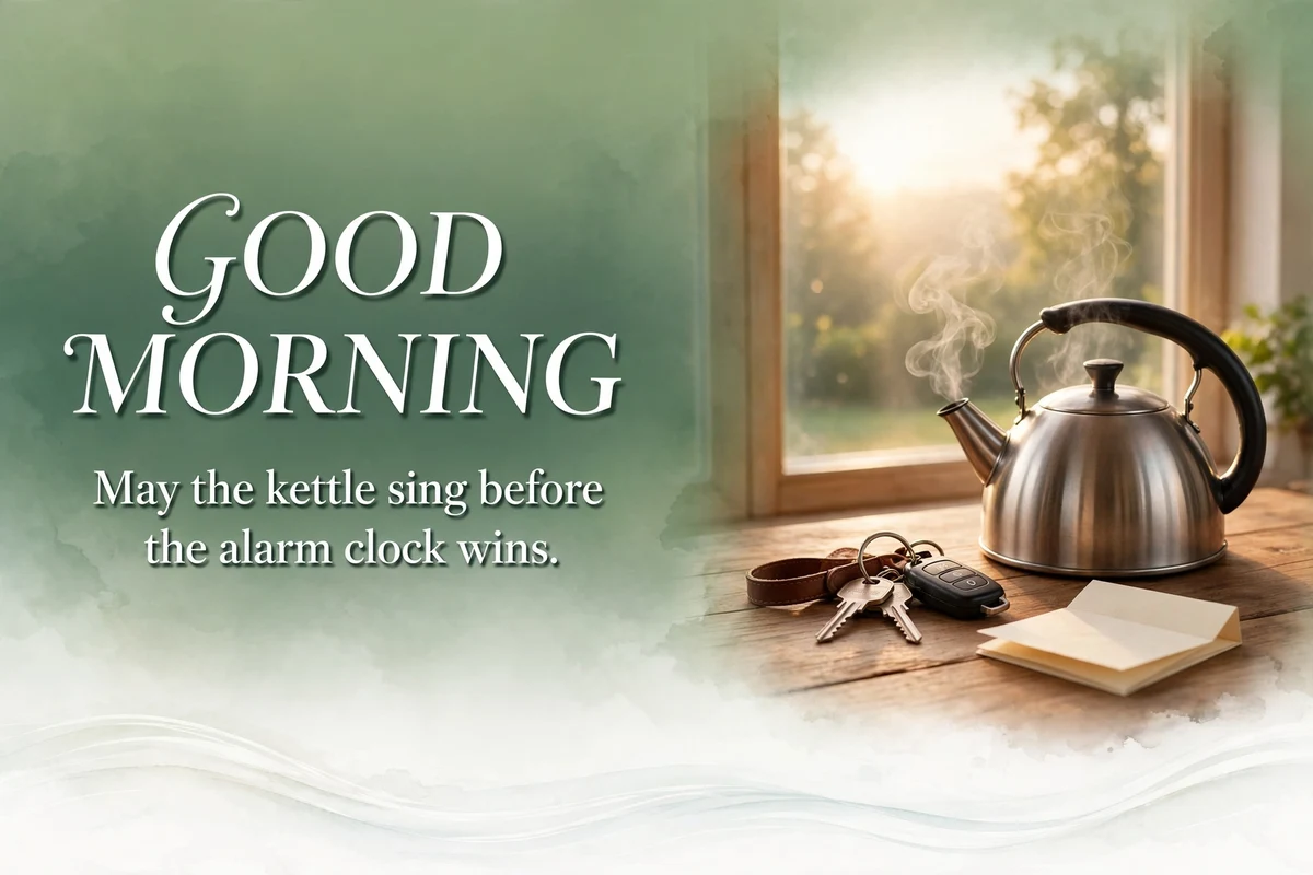 Unique Good Morning Blessings for small morning moments image with a kettle and keys by a window