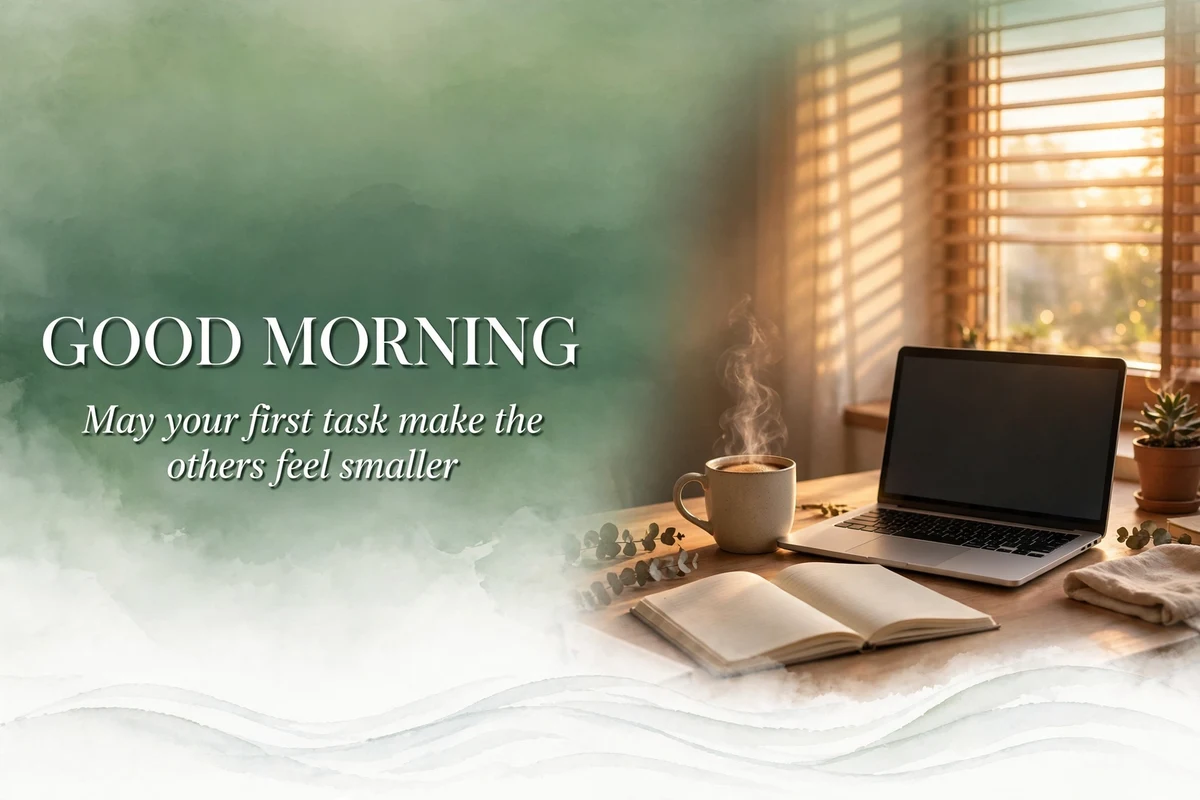 Unique Good Morning Blessings for a work morning image with a desk and a mug at sunrise